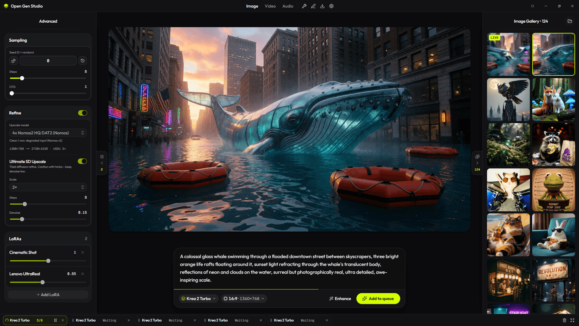 Open Gen Studio workspace: prompt dock, generate controls, and image gallery